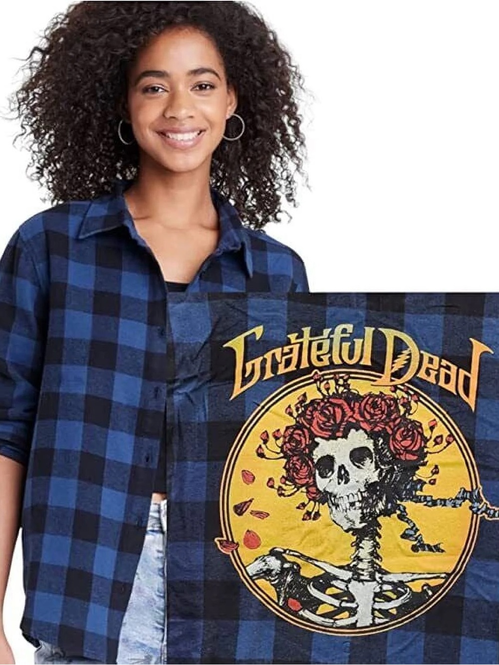 Blue and Black Plaid Button-Up Shirt Grateful Dead Graphic Size Small Medium
